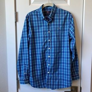 EUC Vineyard Vines Boys Long Sleeve Button Down Blue Checked Shirt Size XL 18